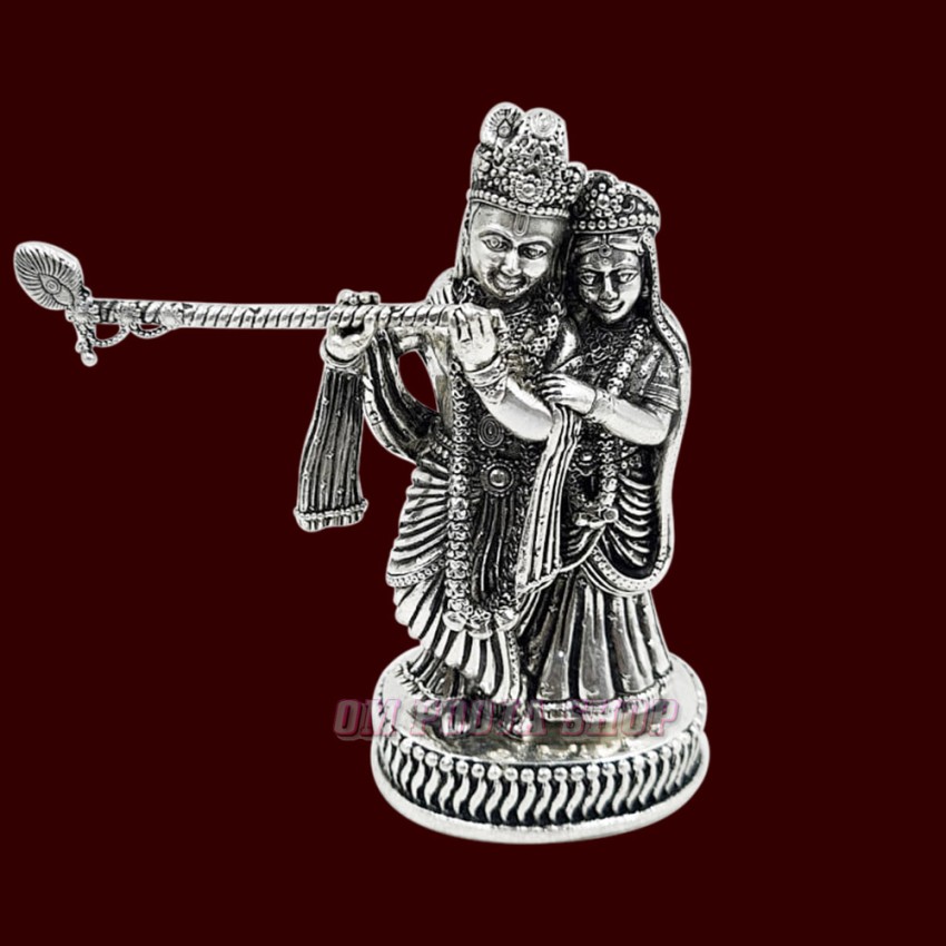 Radha Krishna Idol in Pure Silver - Size: 3 inches