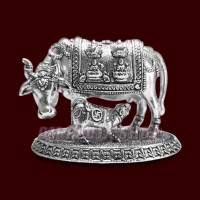 Handcrafted 925 Pure Silver Ashtalakshmi Kamdhenu Gomata with Calf Idol - 2.25 inches