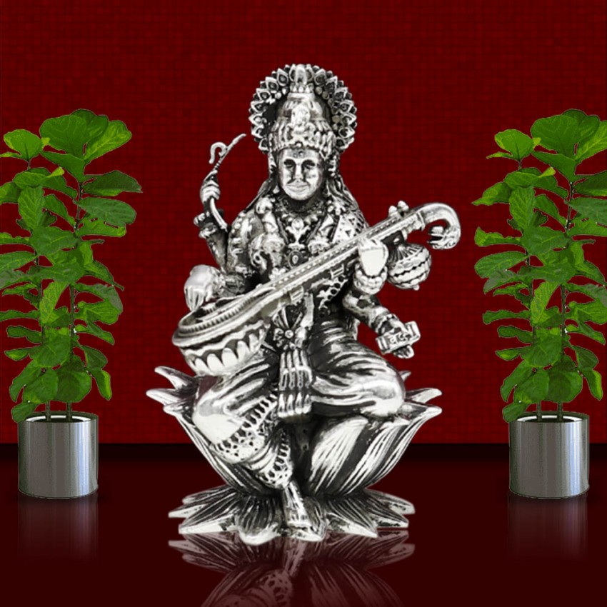 Vidya Devi Saraswati Mata Idol in 925 Sterling Silver - Size: 2 x 1.2 x 1 inches