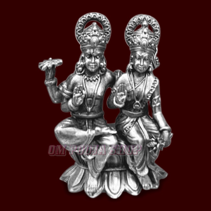 Lord Vishnu and Mata Mahalakshmi Idol in Pure Silver - Size: 1.8 inches