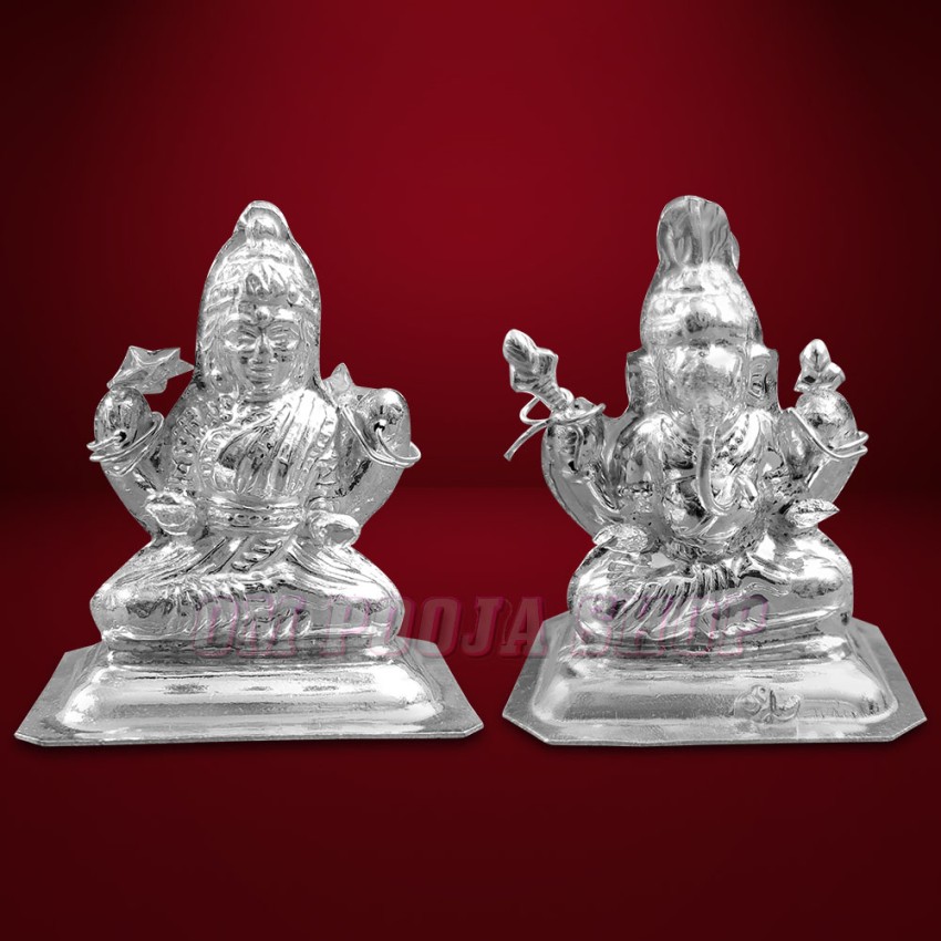 Ganesh Lakshmi Statue in German Silver - 2.25 inches
