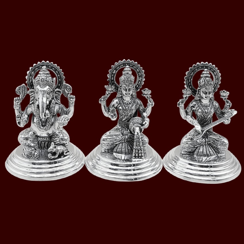 Ganpati Laxmi Saraswati Statue Set in Sterling Silver - Size: 3.5 inches