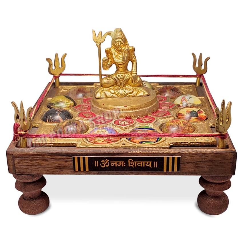 12 Jyotirling Sampoorna Shiv Yantra Chowki With Lord Shiva Idol In Brass & Wood