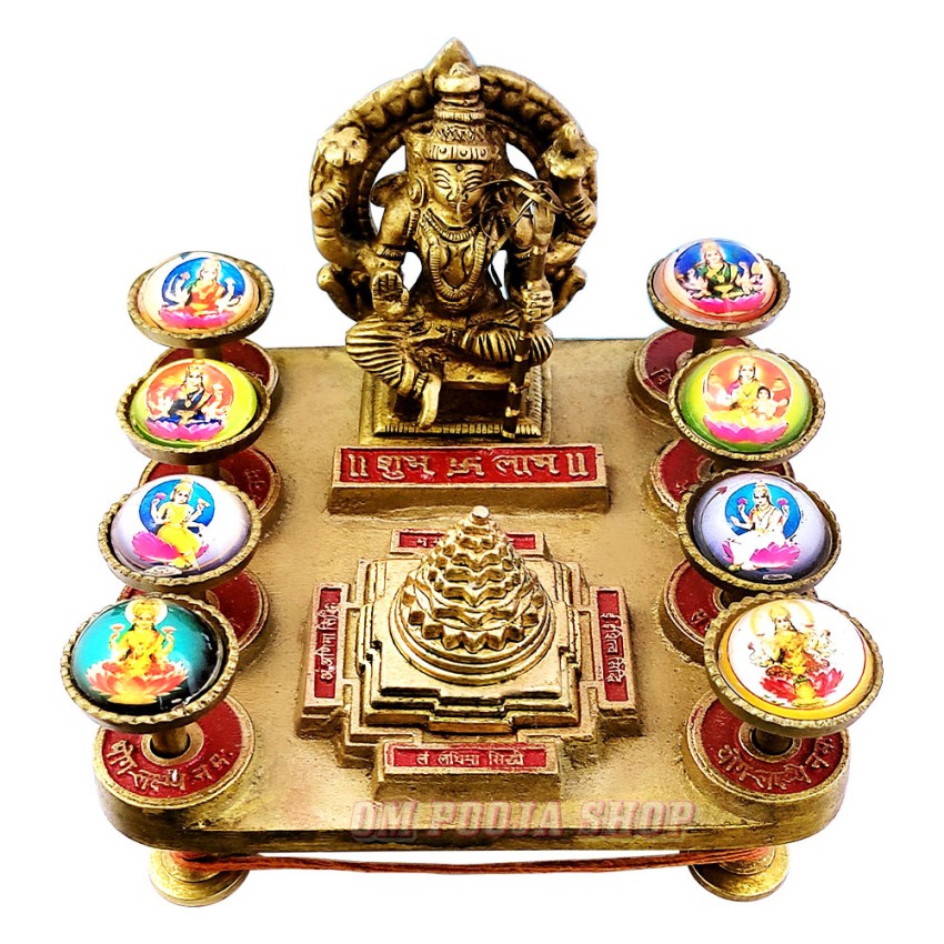 Shree AshtaLakshami Yantra Chowki In Pure Brass (Size: 4.5x5.5x5.5 inches)
